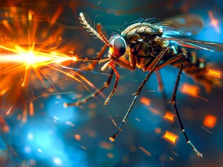 Macro Close up of a Housefly Against a Bright Blue Sparkling Background with Orange Sparks