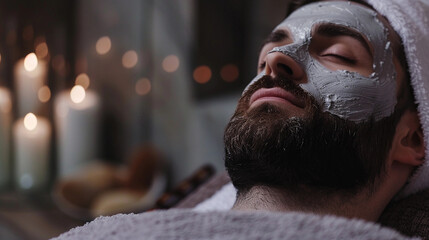 Cosmetician applying clay facial mask on young man face. Skincare in a beauty salon. Man getting facial nourishing mask by beautician at spa salon, closeup. Apply face mask, spa beauty treatment - Powered by Adobe