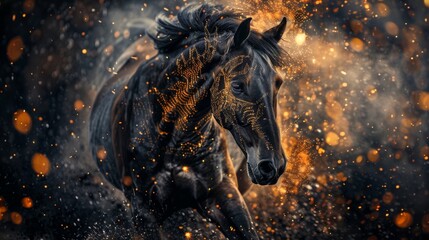 Shrouded in darkness, a horse is accentuated with golden stenciled patterns, its fiery essence coming alive among the shower of sparks and light. - obrazy, fototapety, plakaty