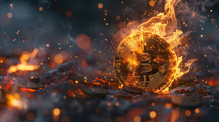 Burning Bitcoin, Digital Artwork Depicting Crypto in Flames - obrazy, fototapety, plakaty