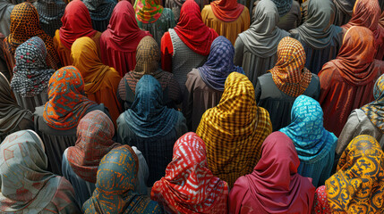 Large Group of People in Colorful Headscarves - obrazy, fototapety, plakaty