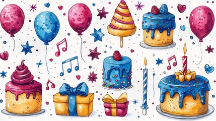   A watercolor drawing of a birthday cake surrounded by balloons, candles, and other festive items with stars and confetti on a white background