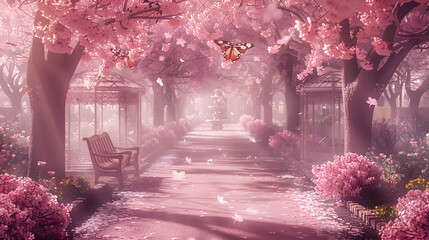 Pink mood in a spring garden landscape with cherry blossoms and butterflies