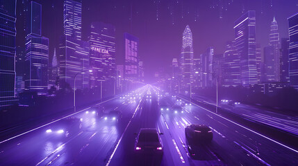 Purple mood in a twilight cityscape with skyscrapers and cars