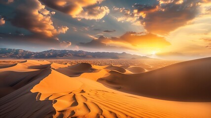 Sunset over the sand dunes in the desert, sun, landscape, Generative Ai