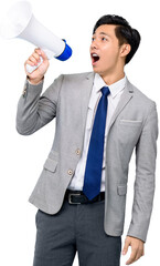 Young handsome Asian man in formal business suit holding megaphone and yelling PNG file no background 