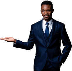 Handsome young African businessman wearing formal business suit smiling and opening hand PNG file no background 