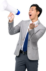 Young handsome Asian man in formal business suit holding megaphone and yelling PNG file no background 