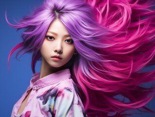 Fototapeta premium Woman With Pink Hair Poses for Picture