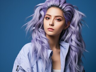 Fototapeta premium Woman With Purple Hair Wearing Blue Jacket