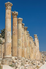 Row of columns at an archaeological site in Jerash. Jordan. Horizontally.