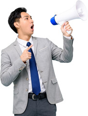 Young handsome Asian man in formal business suit holding megaphone PNG file no background 