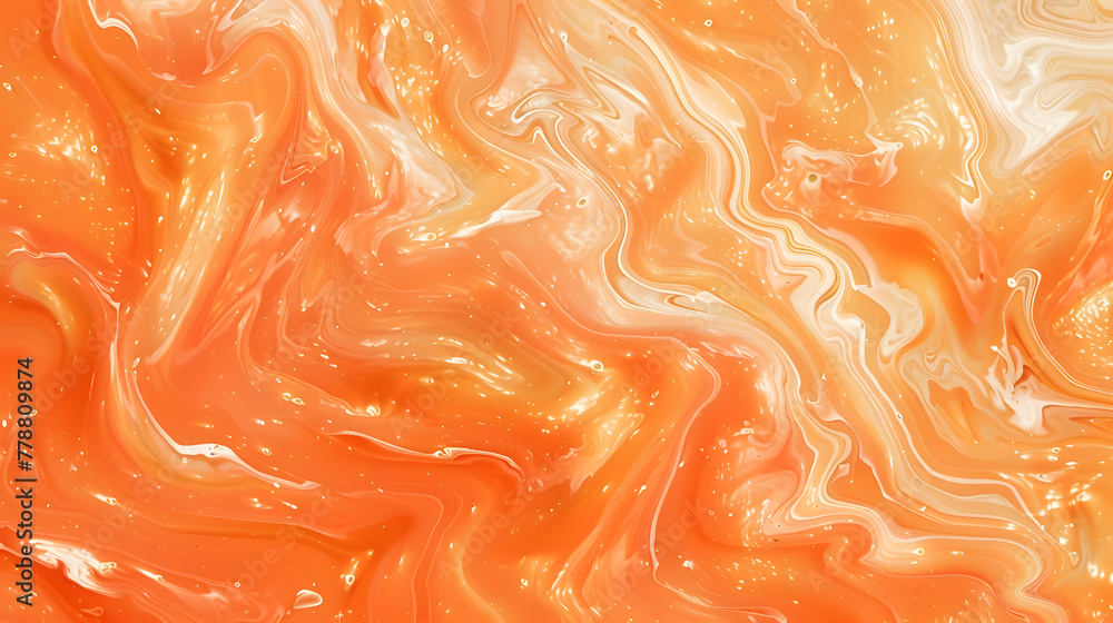 Poster tangerine and eggshell swirls of liquid paint creating an abstract background with tangerine