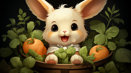 A cute cartoon logo of a fluffy bunny holding a basket of carrots.