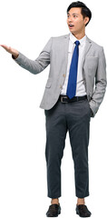 Asian man wearing business suit with modern ankle pants and opening hand PNG file no background  