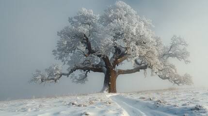   Snow-covered tree in field on foggy day, with path leading up to it
