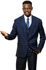 Smiling African man in formal business suit opening hand PNG file no background 