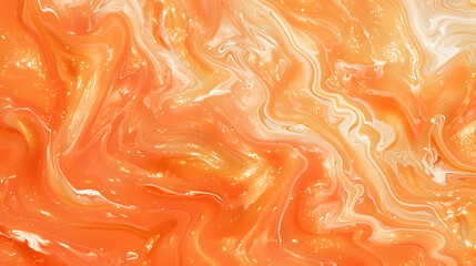 Tangerine and eggshell swirls of liquid paint creating an abstract background with tangerine - obrazy, fototapety, plakaty