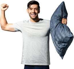 Cheerful Caucasian man showing bicep with pillow PNG file no background 