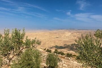 Fototapeta na wymiar View from the memorial Mount Nebo towards the Dead Sea and Israel. Jordan. Horizontally. 