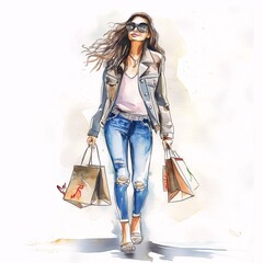Watercolor sketch of woman shopping modern fashion