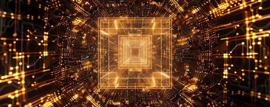 Futuristic golden micro chip representing the futuristic big data.