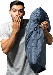 Amazed Caucasian man with pillow PNG file no background 