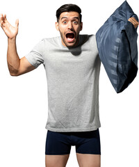 Shocked Caucasian man screaming with pillow PNG file no background 