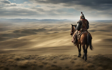 Genghis Khan surveying the vast Mongolian steppes from a hilltop, horsemen and tents in the expansive landscape below