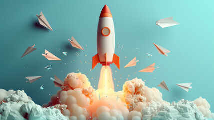 Rocket Launching With Paper Airplanes Flying Around - obrazy, fototapety, plakaty