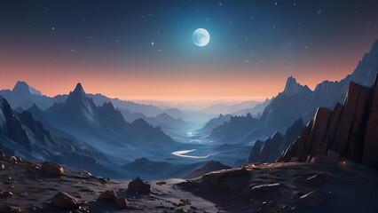 Stunning Moonrise Over mountain Landscape - obrazy, fototapety, plakaty