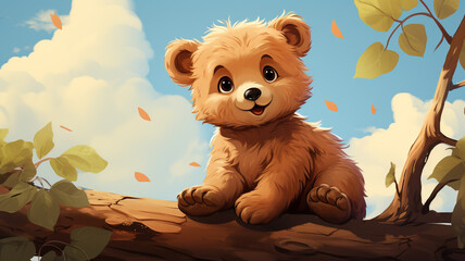 A cute cartoon logo of a playful bear climbing a tree.