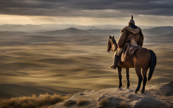 Genghis Khan surveying the vast Mongolian steppes from a hilltop, horsemen and tents in the expansive landscape below