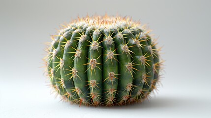   A green cactus photographed on a white background with light reflection at the top