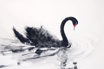 Chinese brush paintingblack swan flickwet white back
