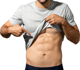 Muscular male model lifting up t-shirt to show abs PNG file no background 