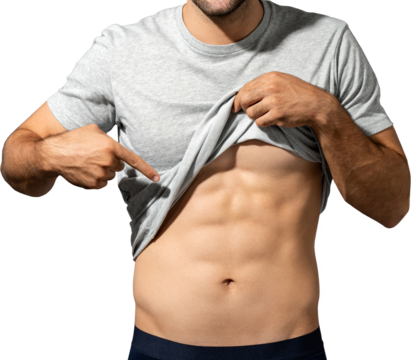 Muscular male model lifting up t-shirt to show abs PNG file no background 