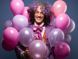 Man in Purple Suit and Hair Holding Balloons