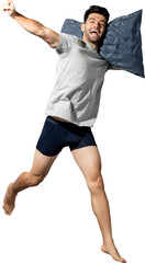 Fresh Caucasian man with soft pillow jumping after waking up PNG file no background 