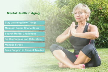 Mental health in Aging Concept. Senior blond woman is exercising pose on the grass in the garden. 