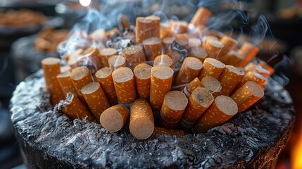 A Pile of Cigarettes on a Wooden Table