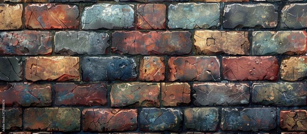 Poster a detailed closeup of a brick wall showcasing an array of different colored bricks, highlighting the