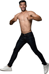 Cheerful handsome shirtless Caucasian man jumping and giving thumbs up PNG file no background 