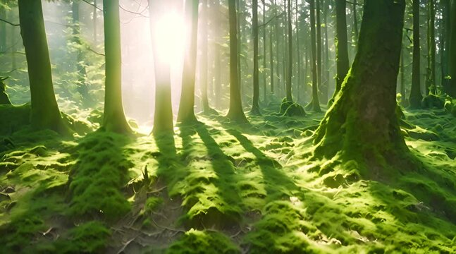 Beautiful shining sun beams in magic mossy wood