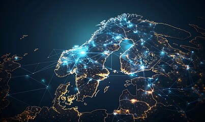 Scandinavian map, Innovating Global Connectivity Through Digital Mapping, Cyber Tech, and Information Exchange. Enhancing Northern Europe's Network Dynamics