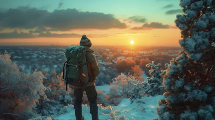 Deurstickers A tourist on the top of a mountain, a man enjoying the view of the sunset. Winter landscape. Bokeh effect. AI generative © sdmin_d
