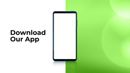 Download our app advertising green banner. Phone mockup. App for mobile. UI and UX design. Vector illustration. Smartphone download app landing page for website and social media banner.