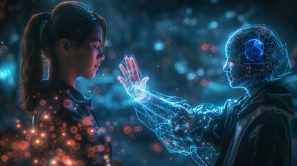 Conceptual image showcasing individuals interacting with their wearable AI companions, which are represented by glowing, ethereal forms wrapped around their wrists or floating beside them - obrazy, fototapety, plakaty