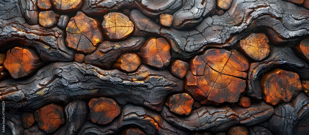 Poster a detailed closeup of a stack of logs resembling a piece of wood art. the pattern created by the log