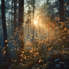 Mystical Forest, Glowing Fairy, Magical aura, Enchanting woodland scene, Misty morning, Photography, Golden Hour, Vignette
